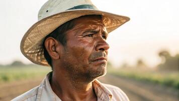 Sunlit weathered male farmer hat outdoor field summer serious rural agriculture hardworking. Heat stroke concepts photo