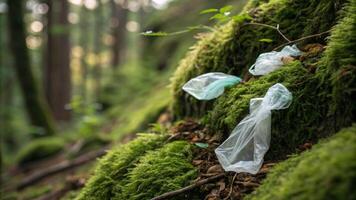 Microplastic polluted. Plastic pollution forest moss waste environment green nature microplastic litter photo