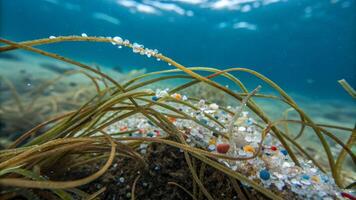 Microplastic polluted. Microplastic pollution underwater ocean seaweed colorful environmental nature photo