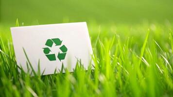 Renewable energy investment. White card green recycling symbol grass eco. Finance sustainable, Eco-friendly clean climate change photo