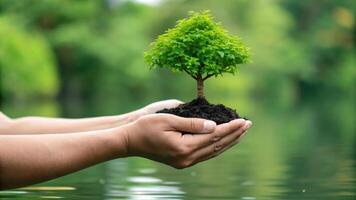 The Renewable energy investment. Hands holding small tree with soil, nature. Finance sustainable, Eco-friendly clean climate change photo