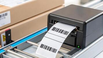 Delivery courier logistics ecommerce shipping. Barcode label printer shipping logistics delivery warehouse ecommerce photo