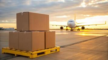 Delivery courier logistics ecommerce shipping. Cardboard box pallet airport airplane shipping logistics cargo delivery photo