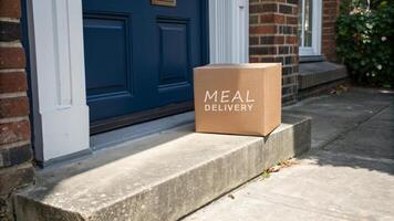 Delivery courier logistics ecommerce shipping. Meal delivery box doorstep shipping cardboard package home residential service photo