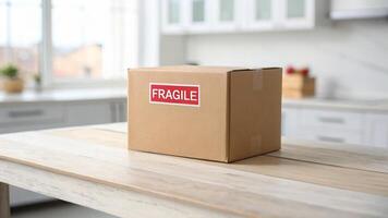 Delivery courier logistics ecommerce shipping. Cardboard box fragile shipping delivery package label table kitchen home photo
