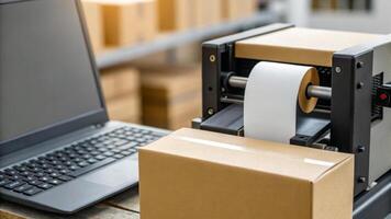 Delivery courier logistics ecommerce shipping. Shipping label printer cardboard box laptop ecommerce delivery logistics photo
