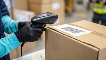 Delivery courier logistics ecommerce shipping. Barcode box shipping delivery logistics courier warehouse scanning ecommerce photo