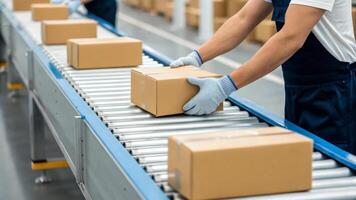 Delivery courier logistics ecommerce shipping. Worker conveyor package shipping logistics warehouse delivery gloves box photo
