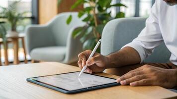 Flexible working. Man using digital tablet stylus creative workspace modern office remote work, hybrid, work from home ,remote ,work life balance photo