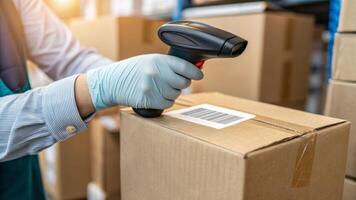 Delivery courier logistics ecommerce shipping. barcode scanner cardboard box warehouse shipping logistics delivery gloved photo