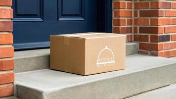Delivery courier logistics ecommerce shipping. Meal delivery box doorstep shipping package home food service contactless photo