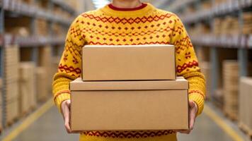 Delivery courier logistics ecommerce shipping. Person holding cardboard boxes delivery courier logistics ecommerce shipping photo