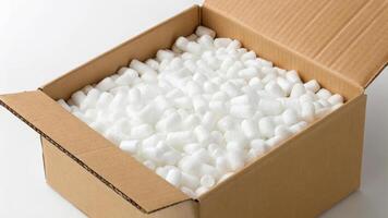 Delivery courier logistics ecommerce shipping. Open cardboard box filled with white packing peanuts, shipping, delivery photo