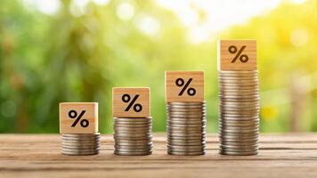 Invest tax inflation interest finance. Stacked coin columns with wooden, Bank, Discount, Growth, Business, Cost, Rate, Offer, Sale, Commission, Fee, Percentage, Financial, Free Market photo