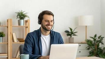 Information business ,job Interview human resources HR, employee employment management. Young man smiling headset online interview, Technology computer data network, Communication,Web,Check photo
