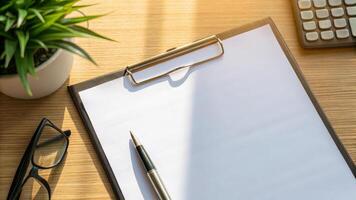 Information business ,job Interview human resources HR, employee employment management. Clipboard blank paper pen sunlight wooden desk, Technology computer data network, Communication,Web,Check photo
