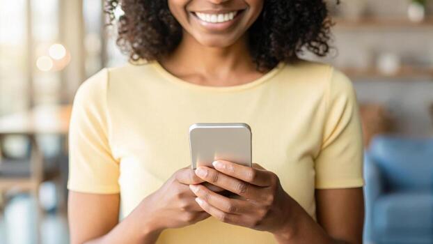 Find search engine. Smiling woman holding smartphone indoors, casual yellow,Job,Bar,Browsing,Global,Marketing,Networking,Optimization,Research,Share,Information,Reading,Social,Browser,Network photo