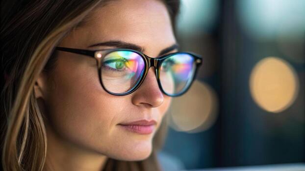 Find search engine. Woman wearing eyeglasses with computer screen reflection,Job,Bar,Browsing,Global,Marketing,Networking,Optimization,Research,Share,Information,Reading,Social,Browser,Network photo