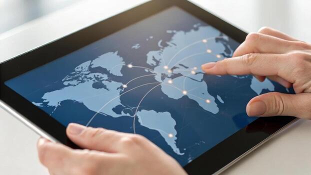 Find search engine. Digital tablet with world map, hand touching screen,Job,Bar,Browsing,Global,Marketing,Networking,Optimization,Research,Share,Information,Reading,Social,Browser,Network photo