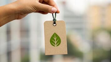 Sustainable business green environmental. Eco friendly label, green leaf, recycled paper, hand holding, sustainable . Environment, earth day, corporate, development, eco friendly, save energy photo