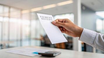 Tax finance budget, Financial accounting concepts. Hand holding payment receipt, office background, business finance, document . Payment, Debt, Penalty, Credit, Bill, Businessman, Office, Money photo