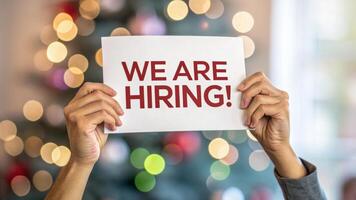 Job labor employment, unemployment. We are hiring sign recruitment job opportunity employment hands holding paper festive . Hiring rate, economic growth, opening workforce market photo
