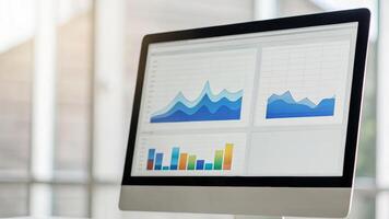 Tax finance budget, Financial accounting concepts. Modern desktop monitor displaying colorful data analytics, business charts . Payment, Debt, Penalty, Credit, Bill, Businessman, Office, Money photo