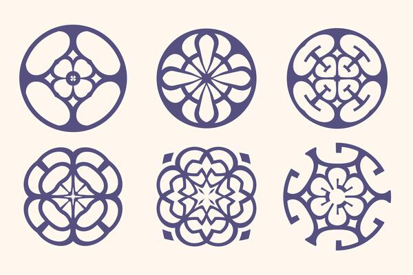 Set of six circular designs with floral patterns