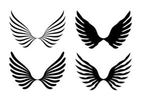 Collection of four stylized black wing designs featuring curved feathers and a central connection point vector