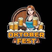 Template logo and stickers for oktoberfest event with illustration of girl carrying beer glass vector