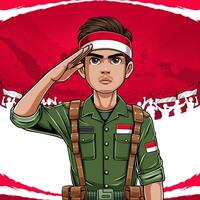 illustration of Indonesian soldiers with a red and white background vector