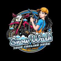 Logo or sticker template for car wash business with illustration of supermoto and car wash girl vector