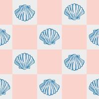 Coastal Seamless pattern with Seashells on yellow Checkered Background. La dolce vita themed inspired by Summer Italian aesthetic. Vintage Marine, feminine, coquette design in charming girly style vector