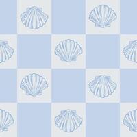 Coastal Seamless pattern with Seashells on Blue Checkered Background. La dolce vita themed inspired by Summer Italian aesthetic. Vintage Marine, feminine, coquette design in charming girly style vector