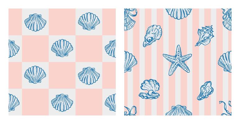 Coastal Seamless Pattern Set with Blue Seashells, Underwater creatures, Starfish on yellow striped and Checkered Backgrounds. La dolce vita themed inspired by Vintage Summer Italian aesthetic.