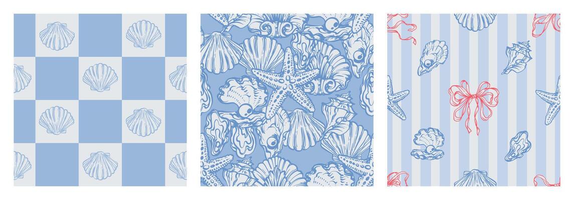 Blue Coastal Seamless Pattern Set with Seashells, Underwater creatures, Starfish on striped and Checkered Backgrounds. La dolce vita themed inspired by Summer Italian aesthetic. Vintage Marine designs