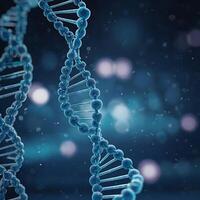 Blue light illuminates a 3D DNA helix, illustrating a biological science pattern with gene molecules and technology elements photo