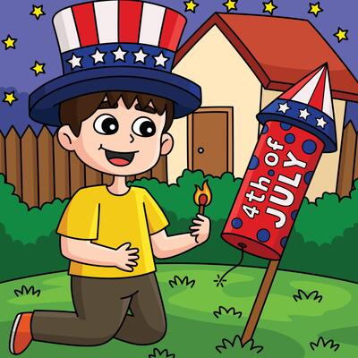4th of July Kid Lighting Up Fireworks Colored
