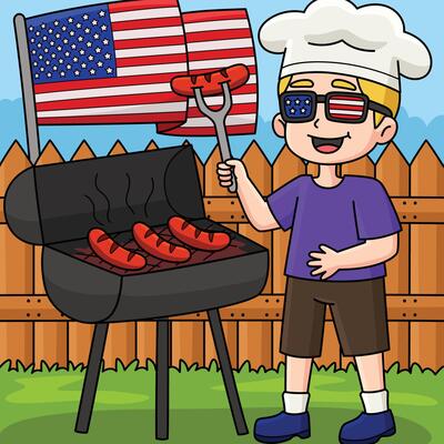 4th of July Cooking Hotdogs Colored Cartoon