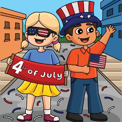 4th of July Kids Celebrating Colored Cartoon