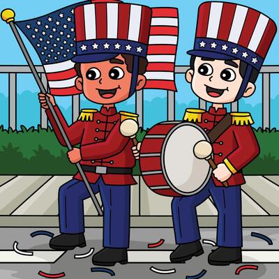 4th of July Parade Colored Cartoon Illustration