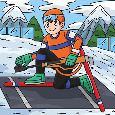 Biathlon Male Biathlete Getting Up Colored Cartoon
