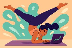 Flexible young woman in advanced yoga pose while working on laptop with stock market chart on screen vector