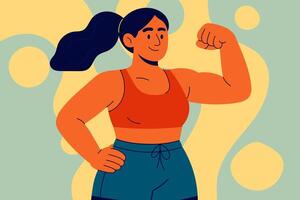 Fit woman flexing bicep, showing strength and confidence after workout vector