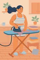 Young woman ironing clothes in home laundry area, relaxed domestic routine with folded linens vector