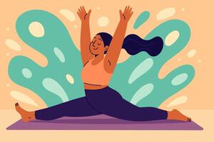 Happy woman doing front split pose on yoga mat with hands raised up vector