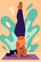 Young woman doing headstand yoga pose at home on a colorful background vector