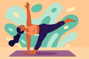 Woman practicing yoga balance pose with one arm up and leg extended on mat vector