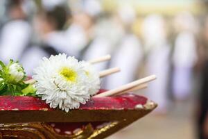 Flower on the tray with pedestal in ordination ceremony, Buddhism tradition photo