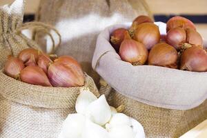 Red Onion In Fabric Bag, Bulb Onion Is Good For Health. photo